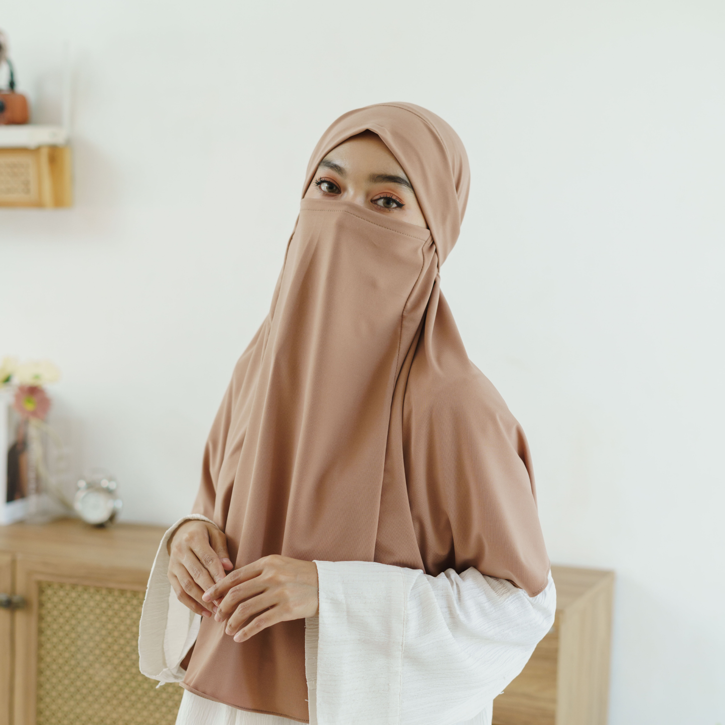Aisha French Khimar Syari Instan Jersey Mocca
