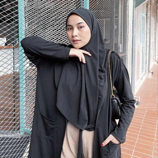 Gamila Hijab Cardigan Instan Jersey Hitam - Demar Hijab