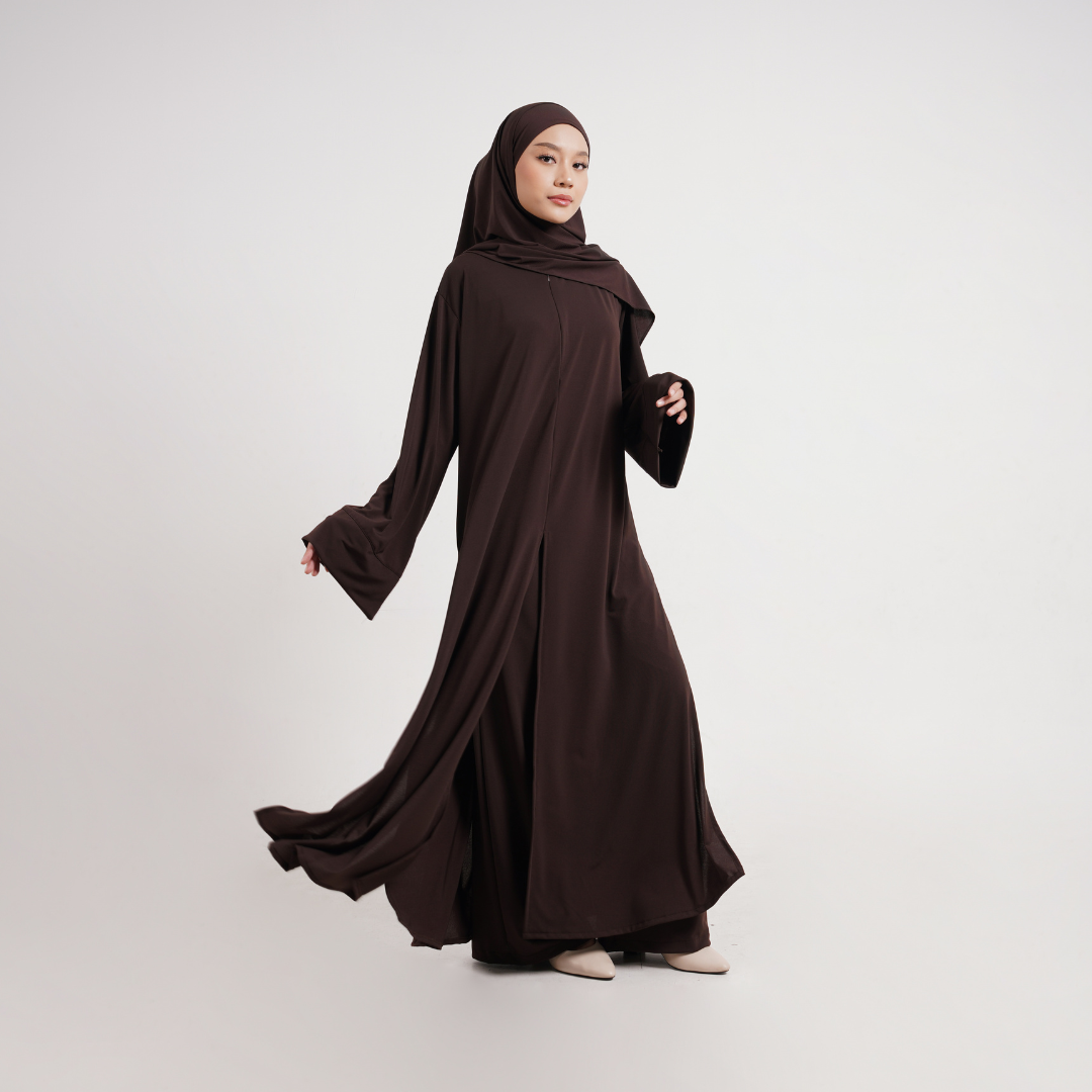 Saira One Set Abaya & Celana Muslimah Jersey Mahogany