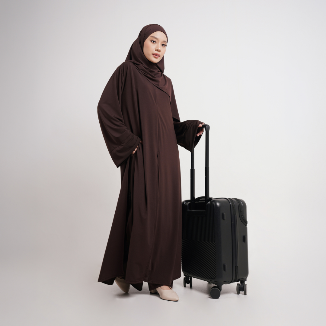 Saira One Set Abaya & Celana Muslimah Jersey Mahogany