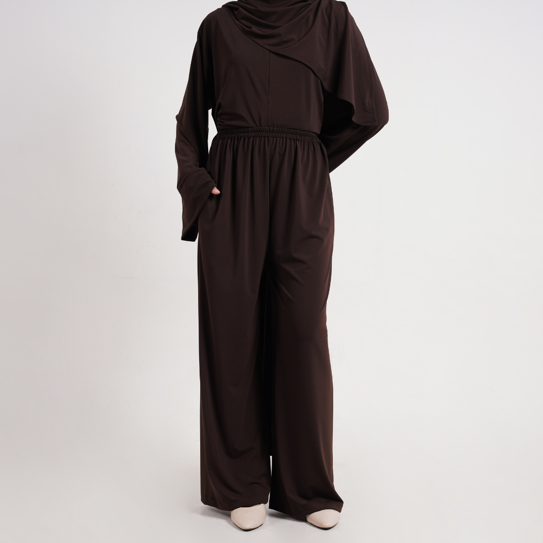 Saira One Set Abaya & Celana Muslimah Jersey Mahogany