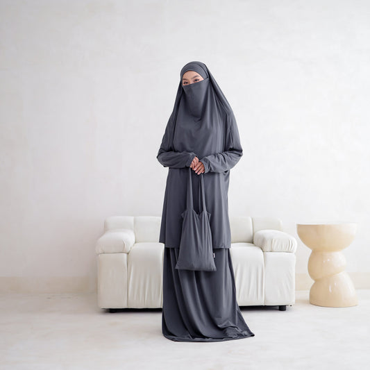 Shafeera Mukena Multifungsi Umroh Haji Jersey Abu - Demar Hijab