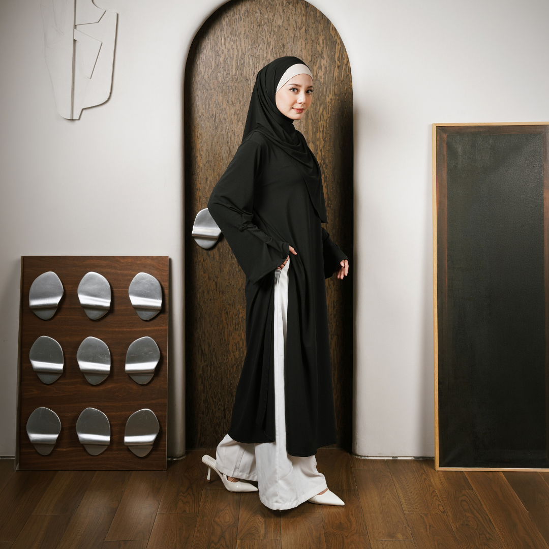 Rahma Split Abaya Haji Umroh Jersey Hitam